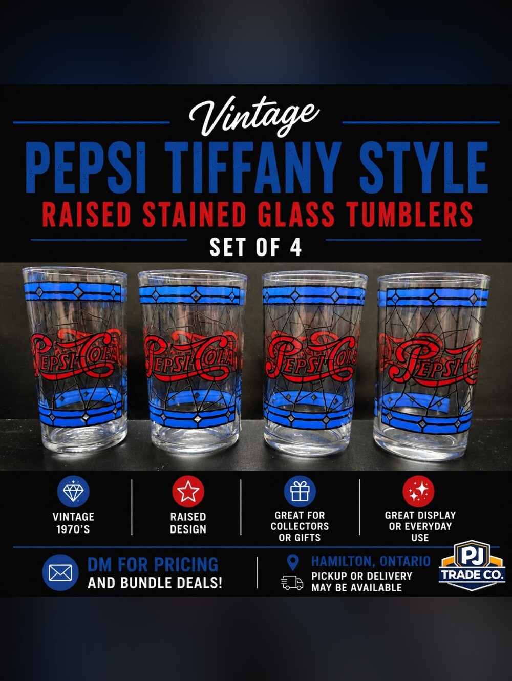 4 Vintage Pepsi 1970's Tiffany Style Raised Stained Glass Pepsi-Cola Tumblers